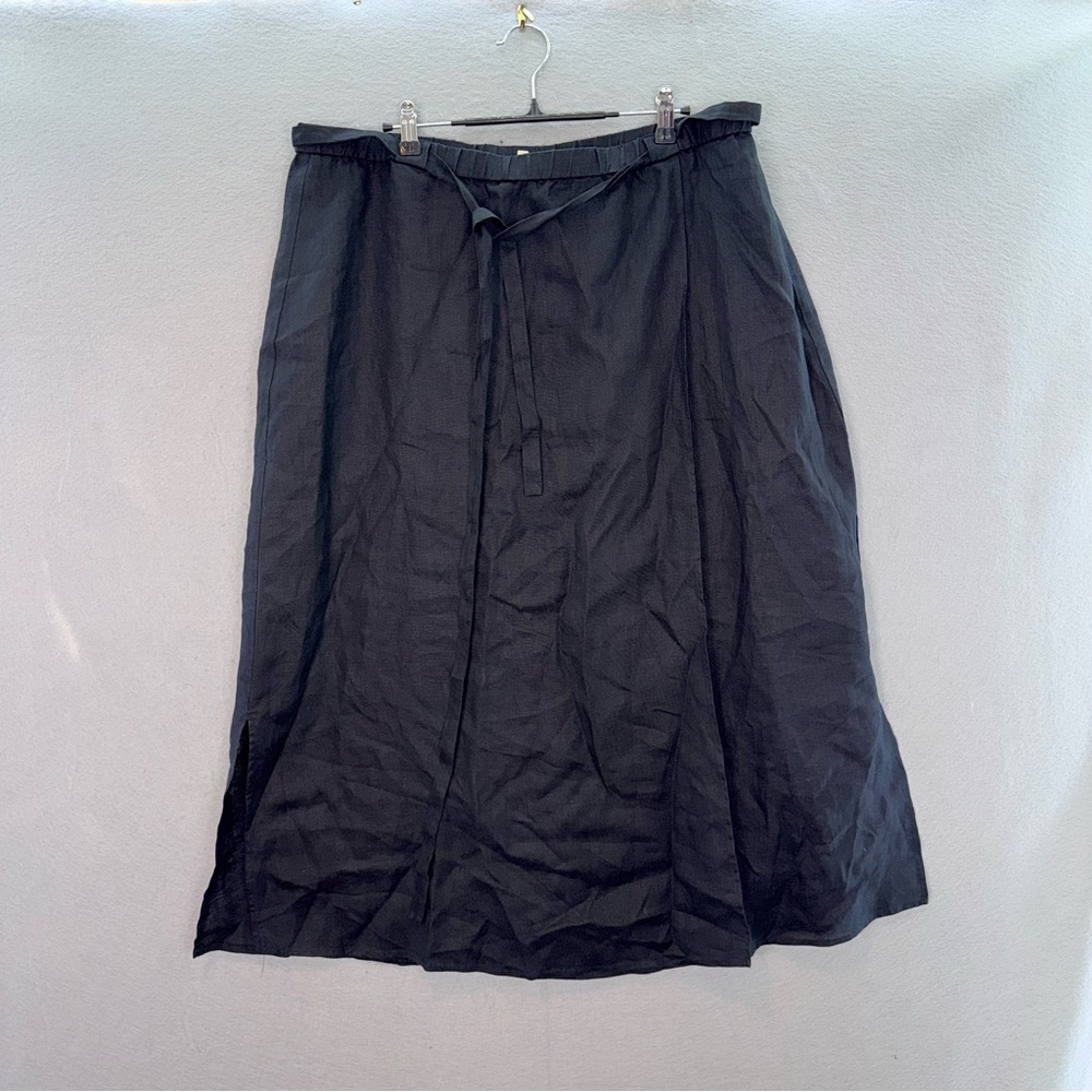 Eileen Fisher women black 100% organic linen faux wrap elastic waist mid skirt L